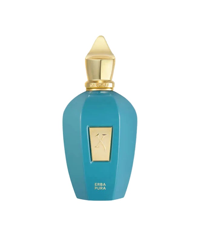 Eau de Parfum Erba Pura de Xerjoff, fragrance fruitée et musquée unisexe, flacon turquoise.