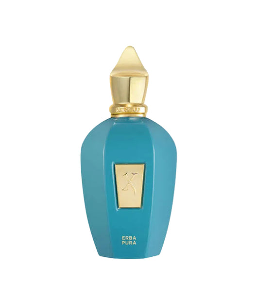 Eau de Parfum Erba Pura de Xerjoff, fragrance fruitée et musquée unisexe, flacon turquoise.